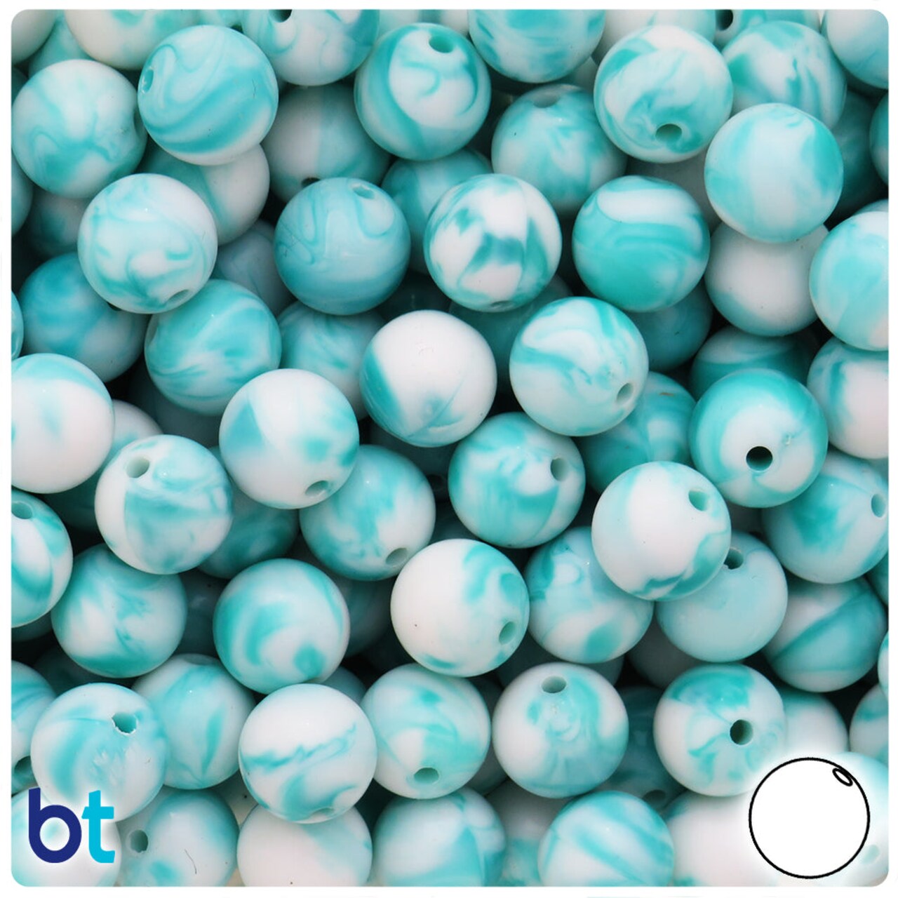 BeadTin Turquoise Marbled 10mm Round Plastic Craft Beads (100pcs)